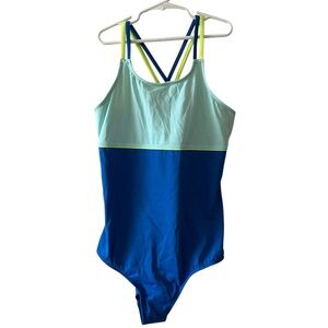 Lands End girls blue colorblock X-back one piece swimsuit size 16+